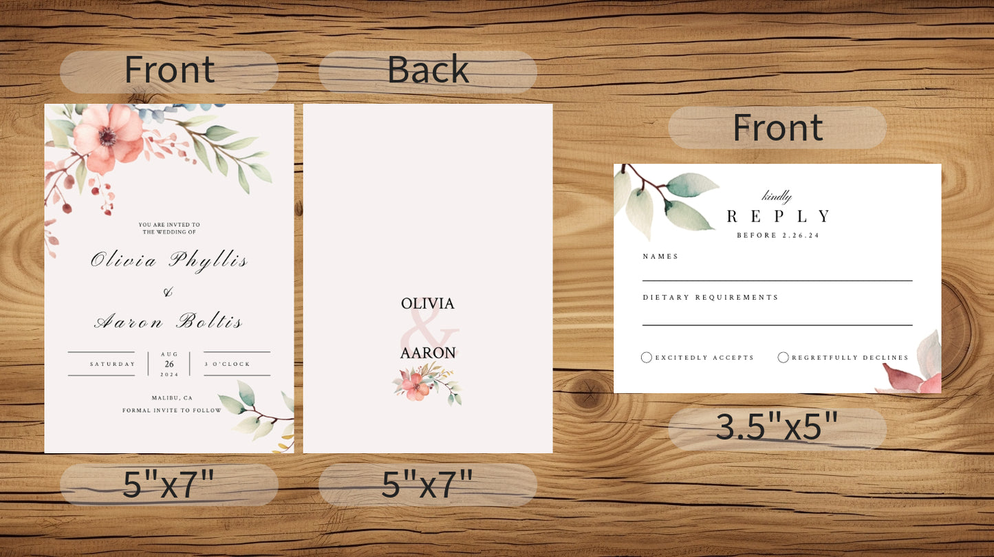 Simple, Editable Floral Wedding Invitation Watercolor Template Bundle