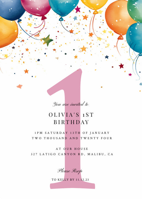 Kids first birthday party invitation or other birthday, simple balloons and confetti