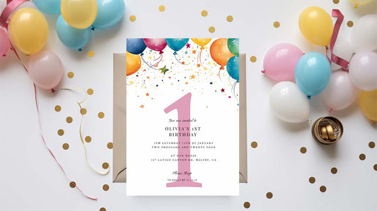 Kids first birthday party invitation or other birthday, simple balloons and confetti